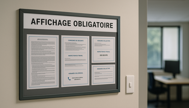 APE affichage obligatoire en entreprise dans un bureau professionnel avec consignes et mentions légales visibles